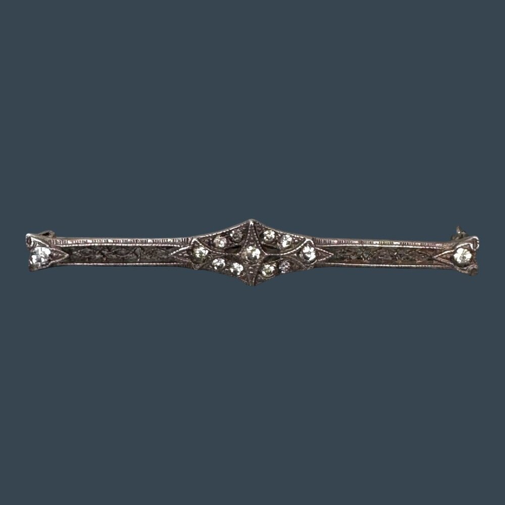 Antique Sterling Silver Art Deco Bar Brooch Pin Victorian Rhinestones Vintage